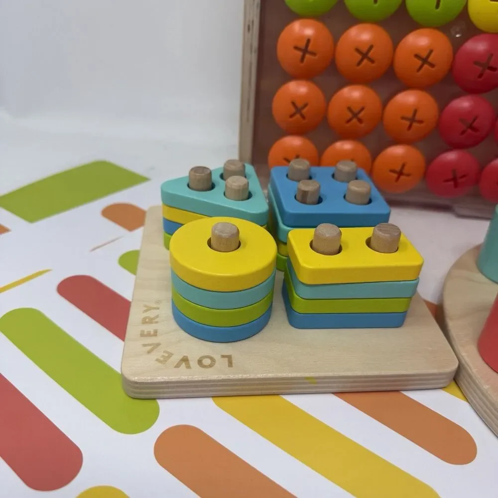 LOT 3 Lovevery Wood Montessori Style Puzzles Group Buttons Stacking Pegs